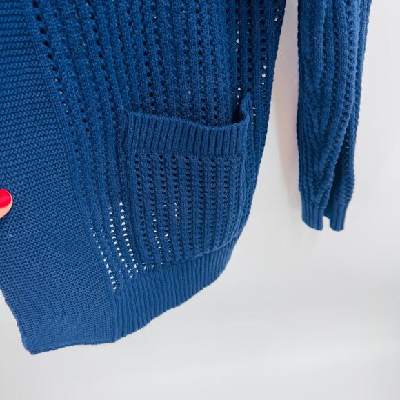 Joan Rivers Open Knit American Flat Cotton Cardigan Navy Blue Size L Large - Picture 6 of 7